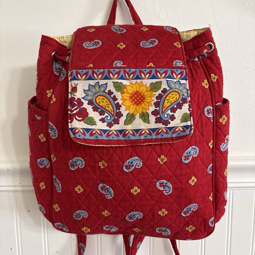 Quilted Cotton Red Paisley Floral Backpack Drawstring Sunflower Cottagecore
